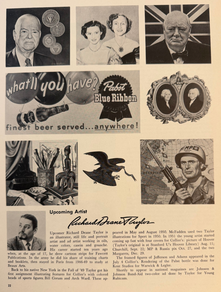 June 1952 Art Director & Studio News page featuring Richard Deane Taylor as an Upcoming Artist