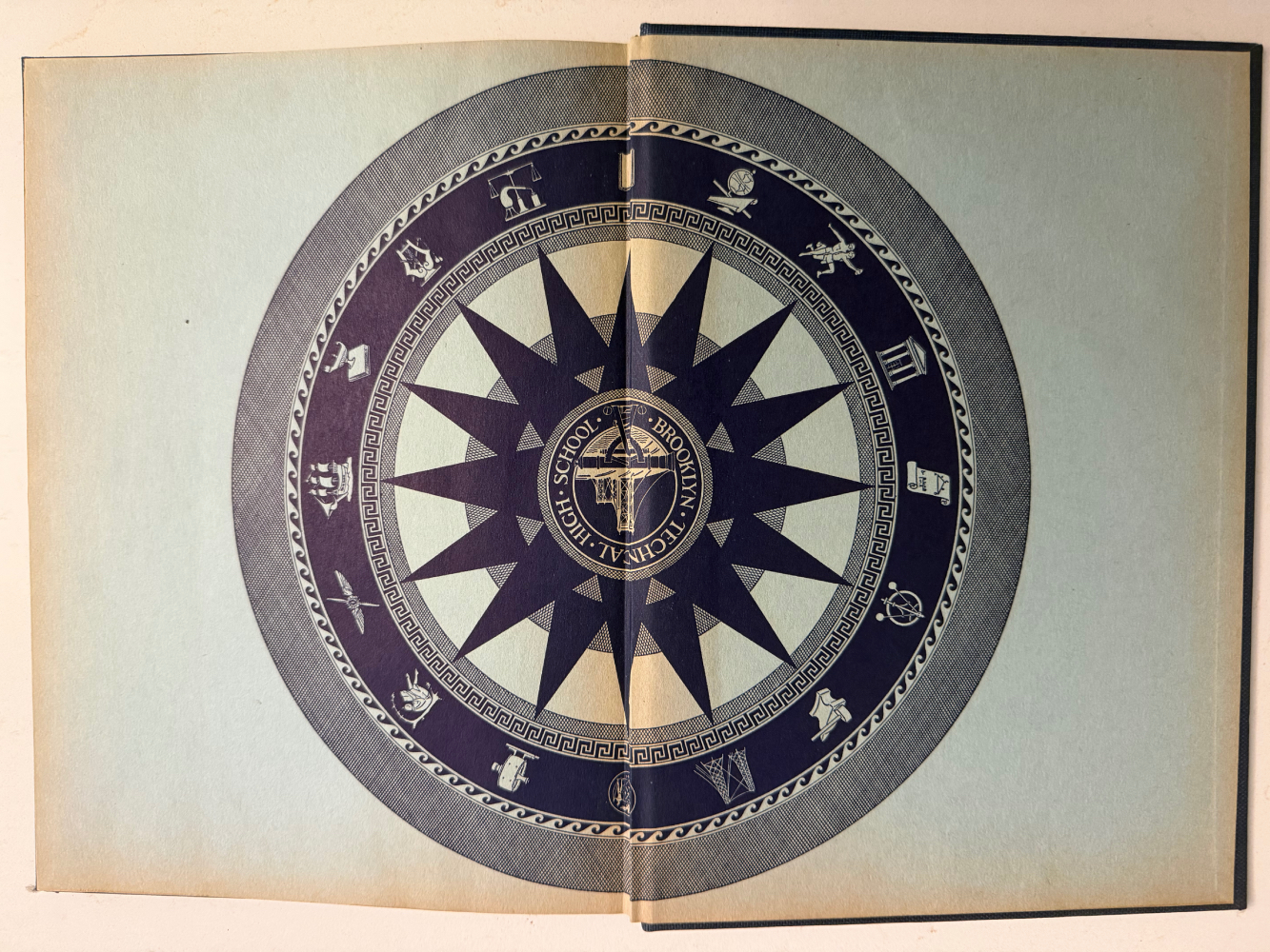 Inside cover design for a 1942 Brooklyn Technical High School publication by Meyer Tuchschneider, later known as Richard Deane Taylor