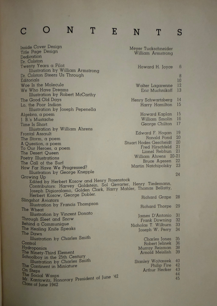 Contents page crediting Meyer Tuchschneider with the inside cover design
