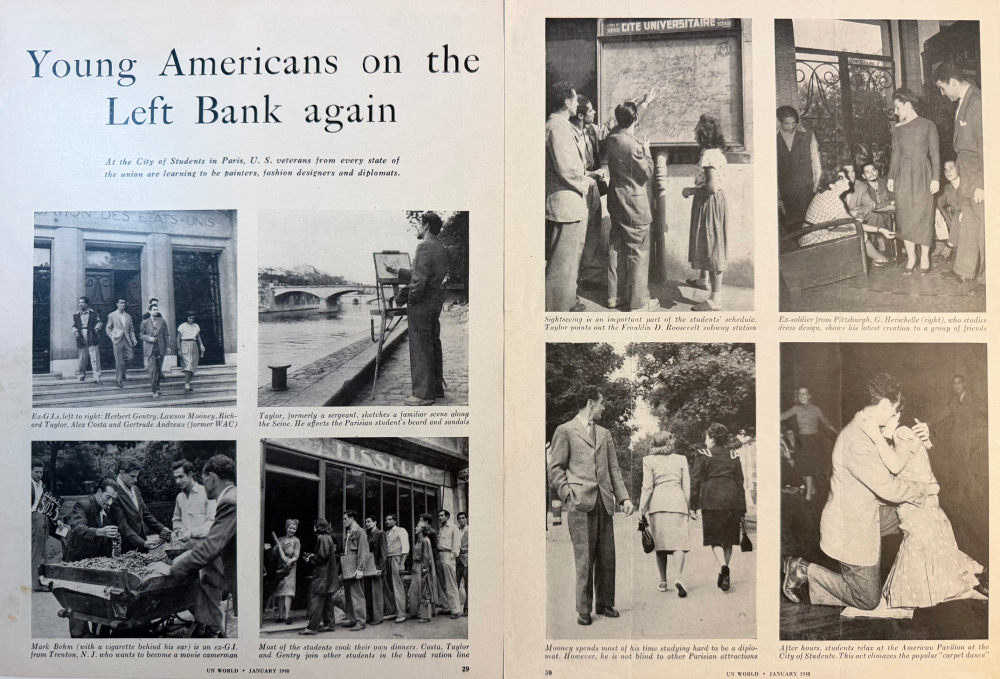 Pages 29 and 30 of the January 1948 UN World feature Young Americans on the Left Bank again, featuring Richard Deane Taylor and other American veterans studying in Paris