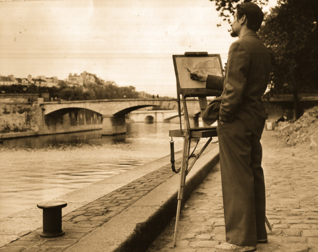 Richard sketching a bridge crossing the Seine river.
