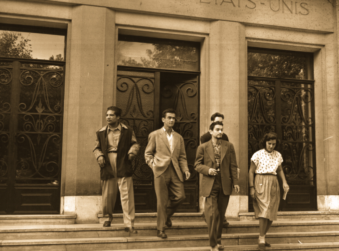 Walking down the steps of the Fondation des Etats-Unis.