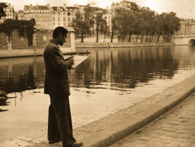 Richard sketching the Seine river in Paris.