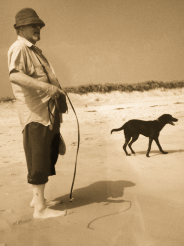 At Jones Beach with his dog, Betsy.