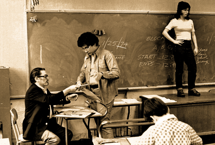 Richard with his students at the Art & Design High School in 1974.